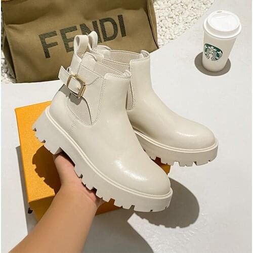 Platform Women Chelsea Boots Ankle Boots Beige Leather Fashion Casual Round Toe Thick Bottom Women Bootie