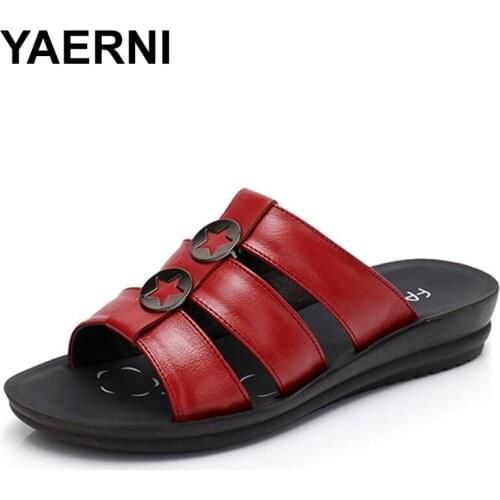 YAERNI 2021 Retro Genuine Leather Slippers Women Shoes Summer Women Flip Flops Black & Red Female Slides Casual Sandal Shoes