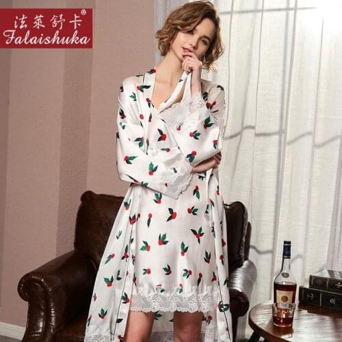Fresh 100% mulberry silk women robe gown sets digital printing spaghetti strap night dress wedding elegant silky women sleepwear
