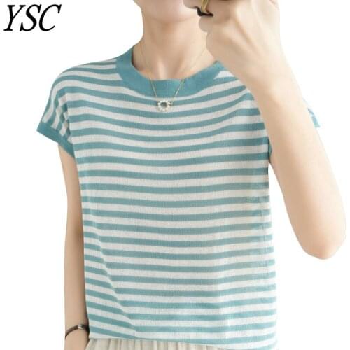 YSC 2021 New pattern Women Flax textile Sweater Round collar Stripe style Fine yarn pleasantly cool High-quality pullover