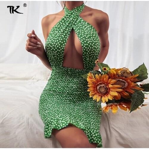 Print Halter Off Shoulder Womens Mini Dresses 2021 Summer Cross Bandage Backless Hollow Out Dress Ladies Sexy Party Vestidos