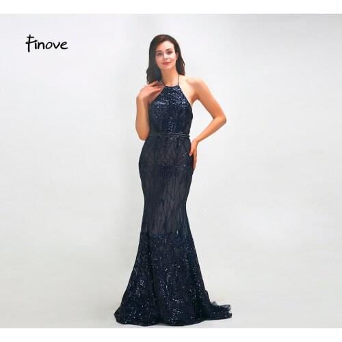 Finove Evening Dress 2020 Elegant Navy Blue Illusion Sequin Beading Backless Long Floor Length Party Mermaid Dress For Women