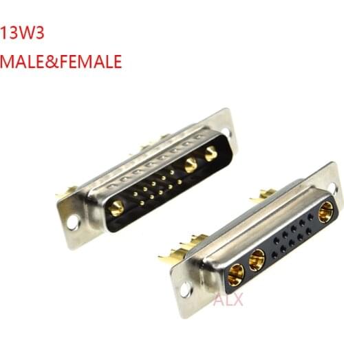 1PCS 13W3 30A Gold plated MALE FEMALE high current CONNECTOR D-SUB adapter solder type 10+3 plug jack high power 13 Position