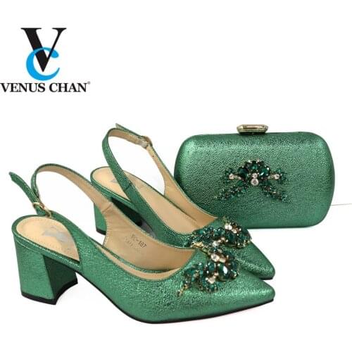 2021 Italian Design Hot Selling Nigerian Party Women Shoes and Bag Set With Speical Narrow Band and Cross-tied in Green Color