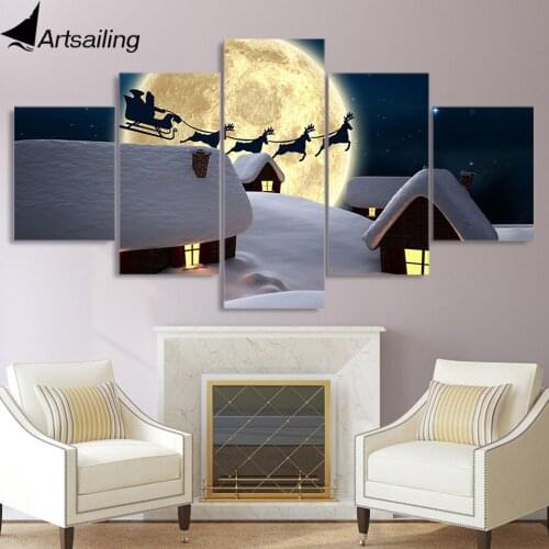5 piece canvas painting santas sleigh HD posters and prints canvas painting christmas decorations for hom free shipping XA2230B