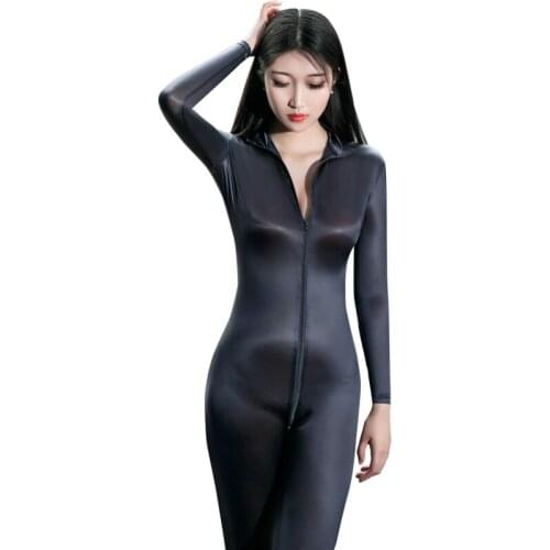 Oil Shiny Long Sleeve Zipper Open Crotch Bodysuit Sexy Bodystocking Catsuit Bodycon Jumpsuit Overalls Combinaison Femme Body