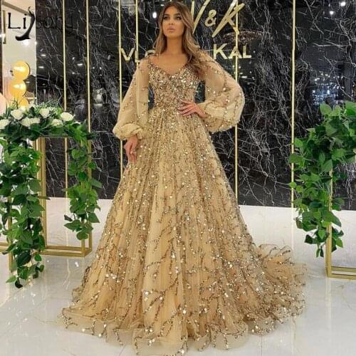 Shiny Gold Sequin Beaded A-line Long Evening Dresses Full Puff Sleeves Dubai Evening Gowns Luxury Formal Dress