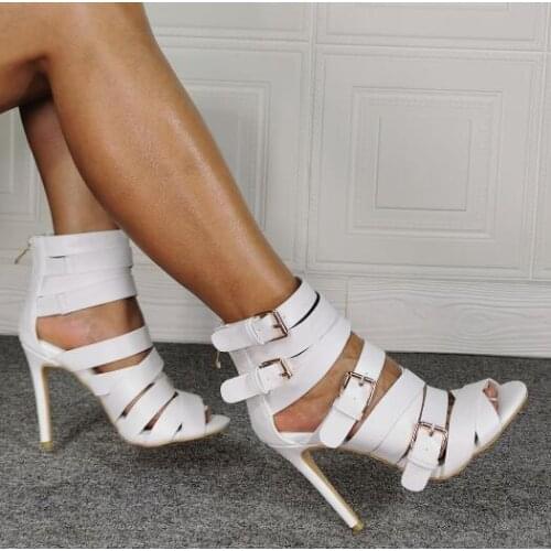 Dipsloot Summer New Woman White Color Buckles Peep Toe Sandals Cover Heel Cuts Out High Heel Sandals Shoes Big Size