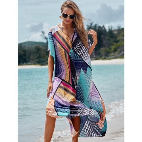 2020 Quick-drying Bikini Cover-ups Bohemian Print V-neck Summer Dress Beach Tunic Women Beachwear Kaftan Swimsuit Cover Up Q1161