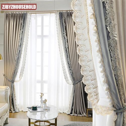 French Modern Imitation Silk Curtains for Living Dining Room Bedroom Shading Gray Light Luxury Stitching Lace High-end Romantic