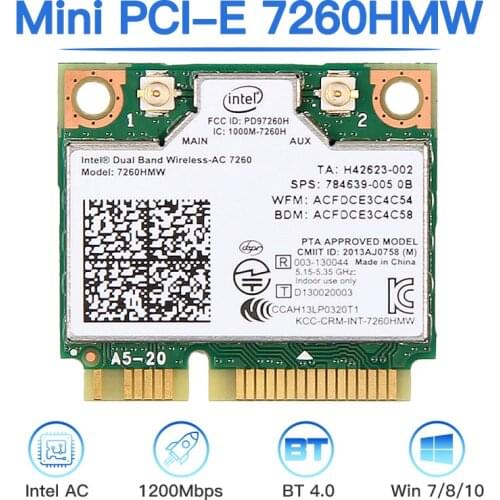 Dual Band Intel 7260HMW Mini PCIE Wifi Network Card 2.4G/5Ghz Bluetooth-compatible 4.0 802.11ac/a/b/g/n WiFi Adapter For Desktop