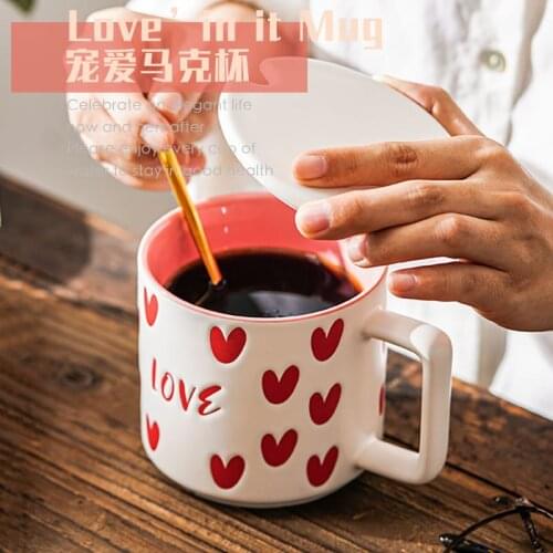 Large-capacity American mack cup with spoon cover coffee cup retro ins wind drinking cup simple male and female couples