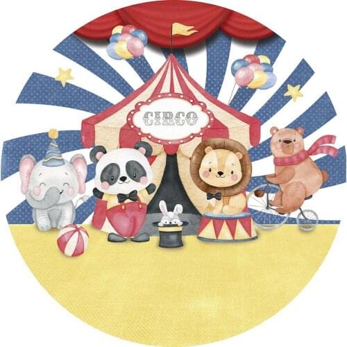 Cartoon Animal Elephant Lion Panda Carnival Circus Background for Kids Birthday Party Round Backdrop Cover Elastic Banner