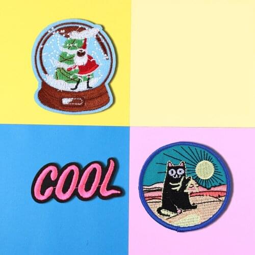 CartoonA cat fishing in the desert Patch Santa Claus Embroidery Cartoon letter COOL Patches Cheap Embroidered Patches Clothes