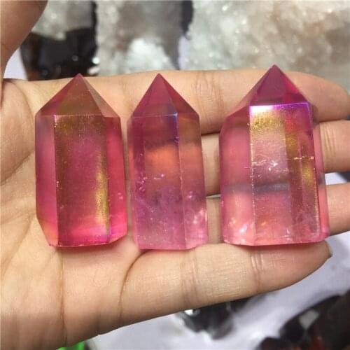 Natural crystal quartz crystal specimen obelisk quartz crystal wand point electroplating pink aura quartz Titanium coating 1pc