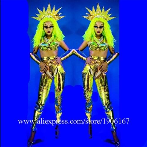 Nightclub Female Space Laser Bikini Suit Sexy Lady Dance Team Costume With Headwear Stage Performance Ballroom Mirror Clothes