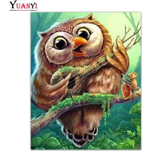 Full Square Diamond Mosaic Lovely Animal Owl Playing guitar Full Round Diamond Embroidery 5D DIY Diamond Painting Cross Stitch