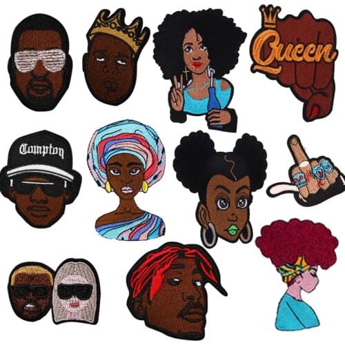 Full Embroidered Black Cool Man Hippie Rock Rapper Patches 3D Diy African Women Embroidered Patches for Clothes Hat Bags