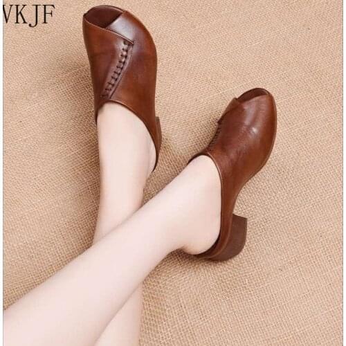 2021 Fashion Retro Women Shoes Slippers Summer Fish Mouth High Heels Sandals Genuine Leather Lady Slides Shoes Handmade Slipper