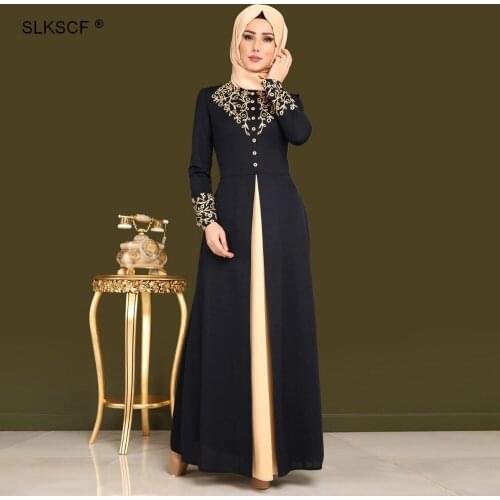 [SLKSCF] Popular Muslim Dress Women Elegant Golden Stamping Printing Dubai Abaya Dresses Casual Long Sleeve Kaftan Maxi Dress