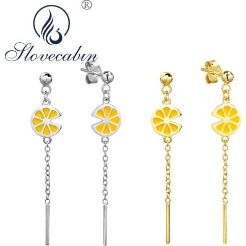 Slovecabin Real 100% 925 Sterling Silver Fruit Orangle Lemon Gold Stud Earrings Chain Clip On Earrings Girl Wedding Fine Jewelry