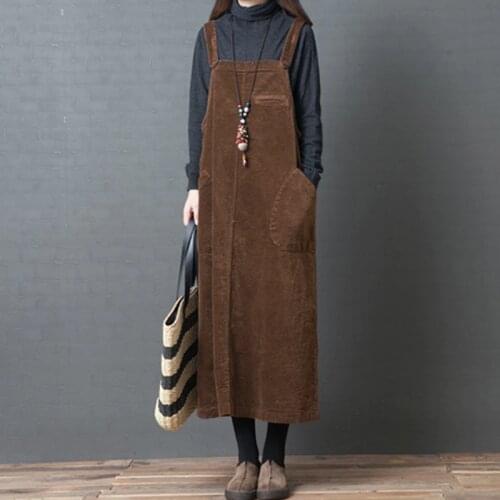 Vintage Corduroy Dress Women Pocket Casual Strap Vest Slip Dress Elegant Ladies Dresses Autumn Winter Dress female Robe Vestidos
