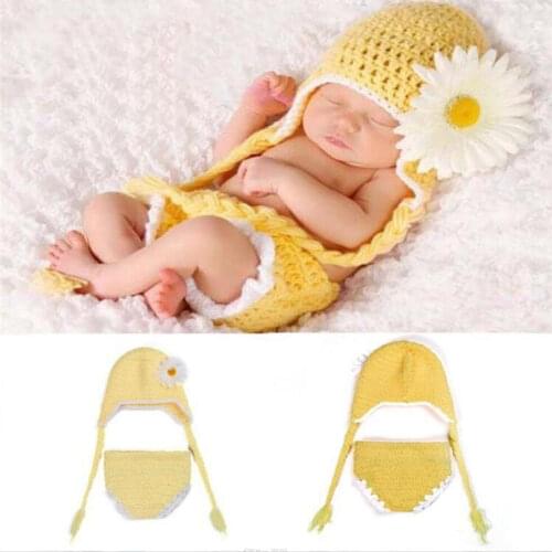 Crochet Baby Hat with Diaper Cover Set Infant Girl Flower Beanie Toddler Baby Photogryphy Props Costume Set Yellow Color MH023