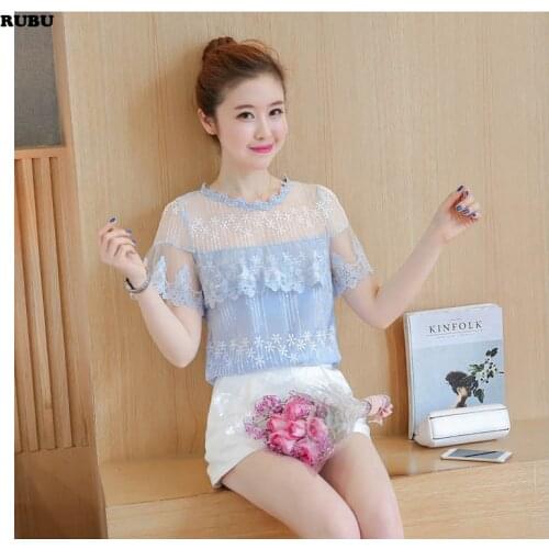 2017 New spring Korean Slim lace short sleeve print flower Shirt blouses spliced Women o-neck Collar Tops