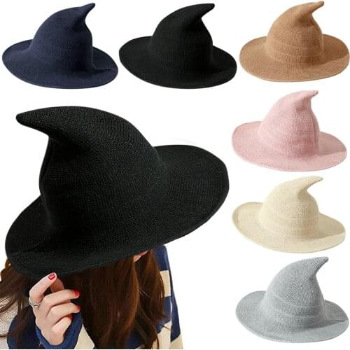 2021 Women Halloween Witch Hat Foldable Costume Sharp Large-Brim Crochet Warm Warm Autumn Winter Party Cap High Quality #4