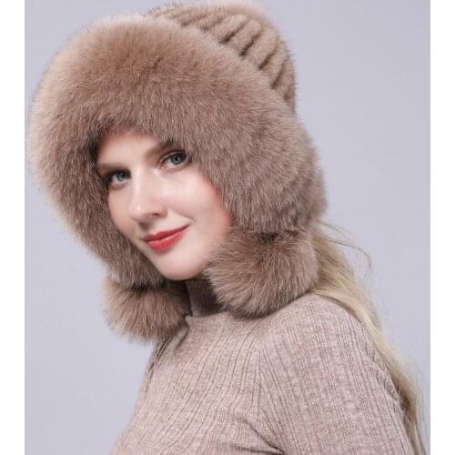 2019 New Water Mink Knit Hat Ladies Winter Europe And America Warm Fox Fur Ball Fur Hat
