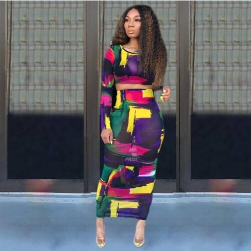 Tie dye Print Sheer Mesh Streetwear two Piece set Fashion Long sleeve Crop Top+bodycon long Skirt Club Party Skirt set Women