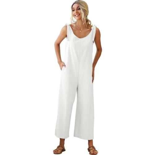 Women Jumpsuits Rompers Summer Casual Solid V-neck Sexy Suspender Sleeveless Jumpsuit Pocket Overalls Wide Leg Loose Jumpsuit