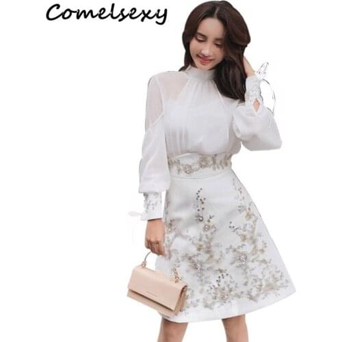 Chiffon Bowknot Collar Blouse Shirt+high Waist Beading Embroidery Skirt Set 2019 New Spring Elegant Women See Through Suit Set