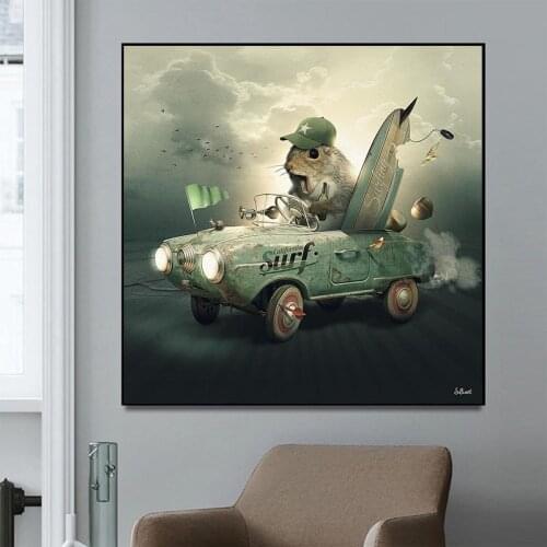 Canvas Painting Wall Art Print Poster Abstract Realism Squirrels In Cars Animal Painting Wall Pictures for Living Room Home Deco