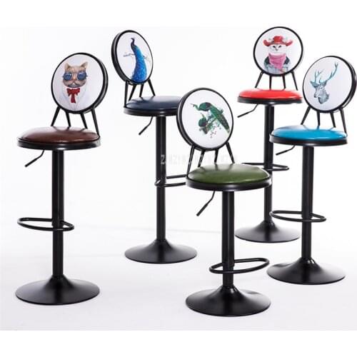 Antique European Style 60-80cm Height Adjustable Swivel Bar Chair Stool Iron Art Soft Cushion High Footstool Rotatable Backrest