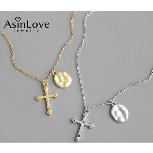 AsinLove Unique Real 925 Sterling Silver Cross Geometric Concave-convex Hammered Pendant Necklace for Women Personality Jewelry