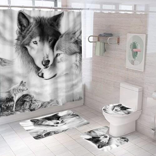 Black And White Wolf Printing Shower Curtain Mildewproof Waterproof Bathroom Decor Non-slip Rug Soft Toilet Mat Animal Cover