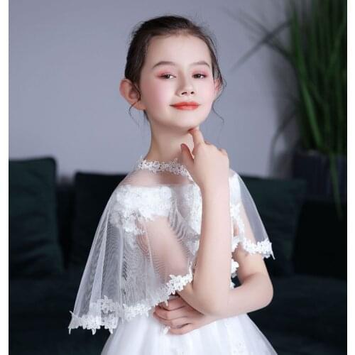 Kids Girls White Beige Tulle Mesh Wraps Lace Children Bolero Short Wedding Jacket Summer Shawls Lace Cape Cover Over Shoulders