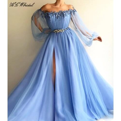 Baby Blue Long Sleeve Evening Dress Exquisite Pearls Lace Tulle High Split Arabic Prom Gowns Newest Custom Made Party Dresses
