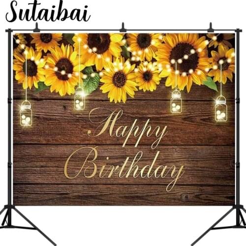 Sunflowers Happy Birthday Party Backdrop Rustic Wood Floor Cake Table Banner Photography Background Milestone Decorations