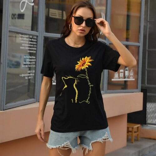 Funny Printed Sunflower with Cat Graphic Tshirt Women Hip Hop Harajuku Vintage Style Tops Casual Fashion Summer Camisetas Tee