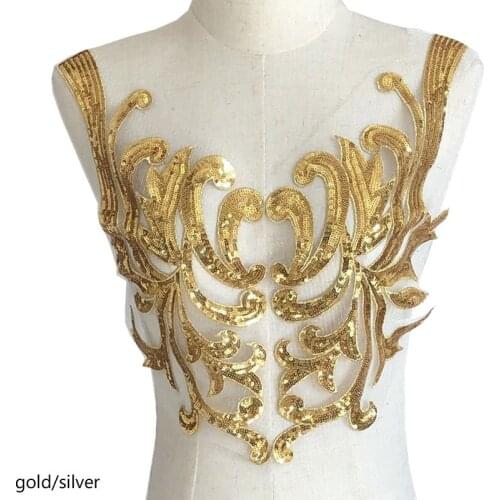 Nice mesh gold silver sequin embroidery lace fabric applique ribbon collar trim sewing DIY craft wedding dress cloth Accessory