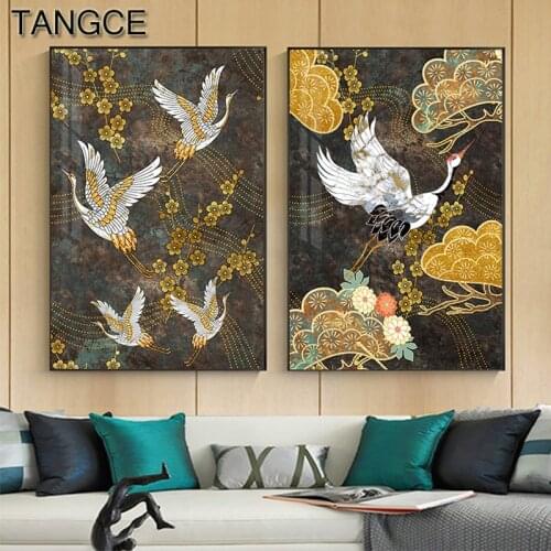 Canvas Painting Birds Retro Wall Art Gold Bird Cloud Posters and Prints Japanese Wall Pictures for Living Room Decoration Home