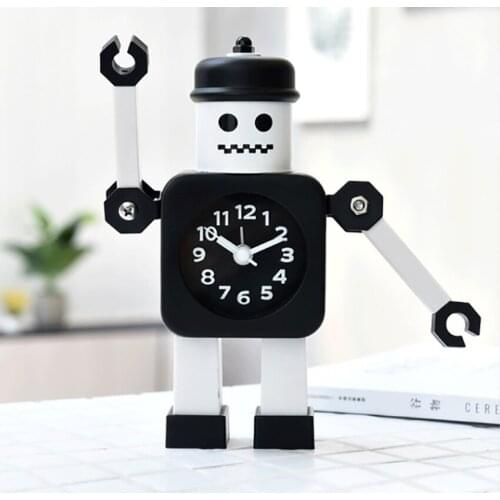 Metal Robot Alarm Clock Silent Table Analog Clock with Hand Clips Kids Bedroom Decorative Clock, Great Gift, Black, White