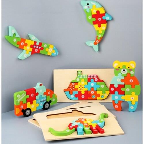 Cartoon Animals Rabbit Bear Dinasour Puzzle Game Kids Toys Montessori Educational Toys Montessori 3D Wooden Puzzle For Children
