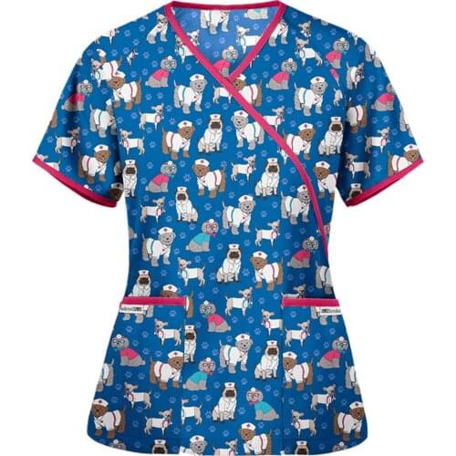 New High Quality Cartoon Printing Working Scrubs Tops Pet Grooming Uniforms Short Sleeve Beauty Salon Work Clothing Pet Uniform