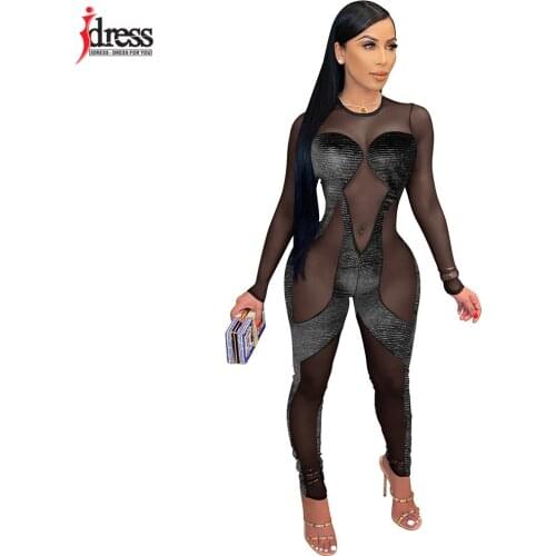 IDress 2021 Autumn Playsuits and Jumpsuits Black Shiny Mesh See Through Long Sleeve Sexy Club Bodycon Rompers Womens Jumpsuit