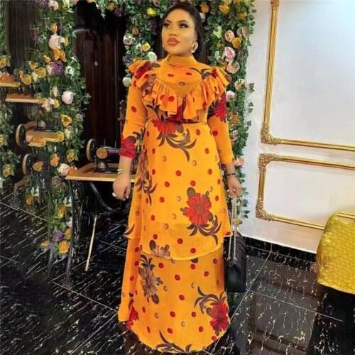 African Print Maxi Dresses Women 2 Pieces Set Dashiki Plus Size Boubou Long Sleeve Chiffon Dress New Muslim Ladies Clothing