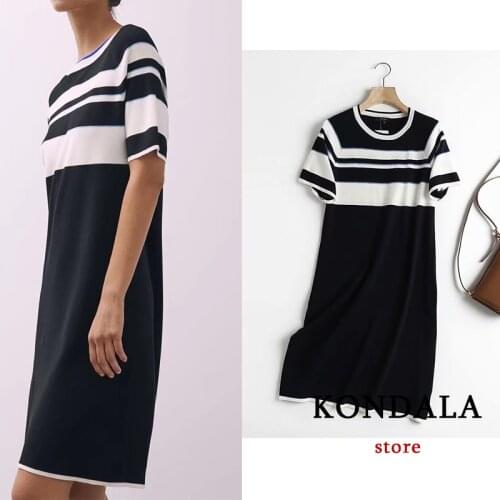 KONDALA Za 2021 Casual Knitted Cotton Midi Sweater Dress Short Sleeve Sheath Fashion Autumn Dress Elegant Mujer Vestidos