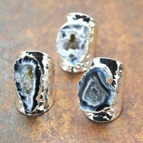RM15301 5Pcs Cheap Silver Plated Irregular Shape Ring Agates Druzy Geode Ring Adjustable